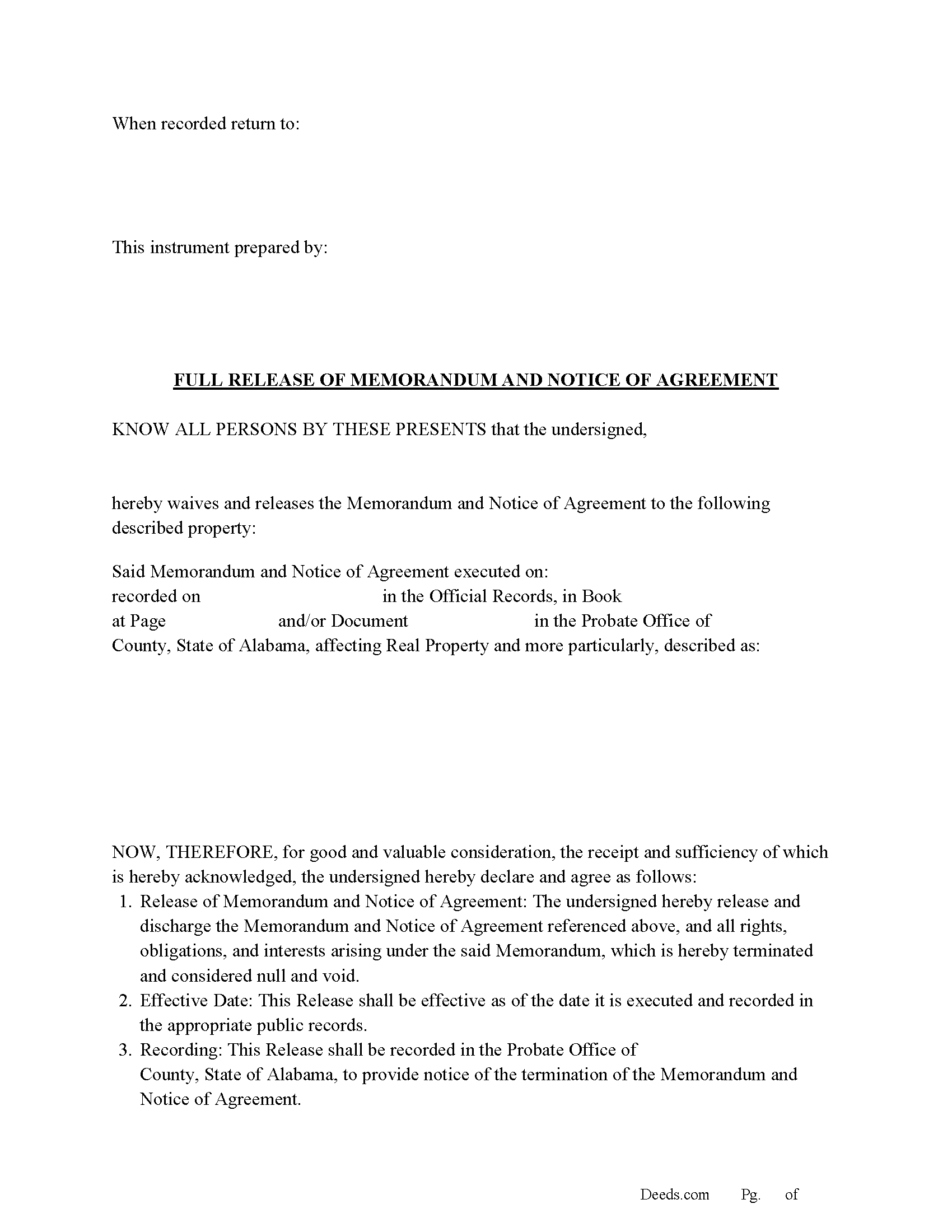 Alabama Full Release of Memorandum and Notice of Agreement Image