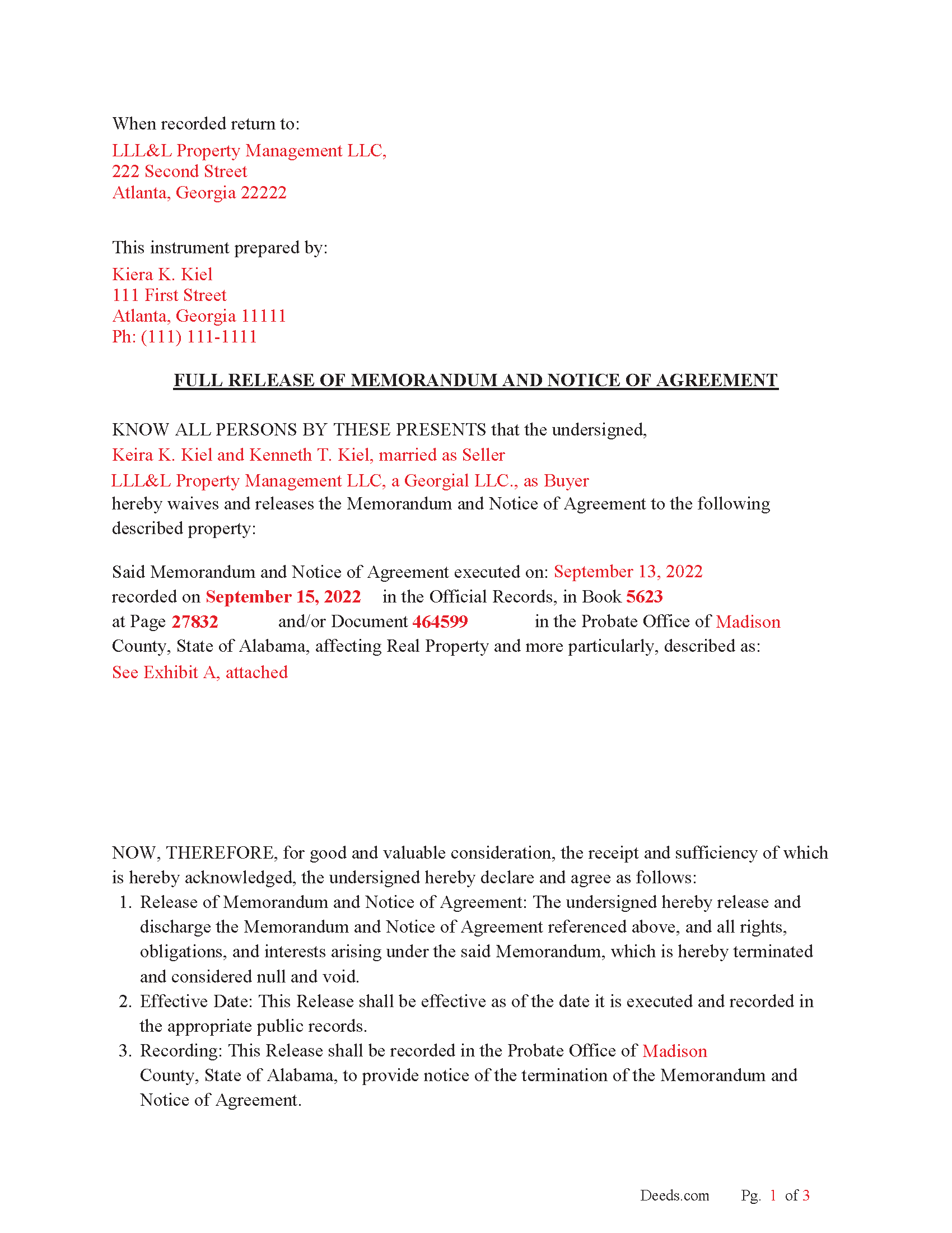 Mobile County Completed Example of the Full Release of Memorandum and Notice of Agreement Document