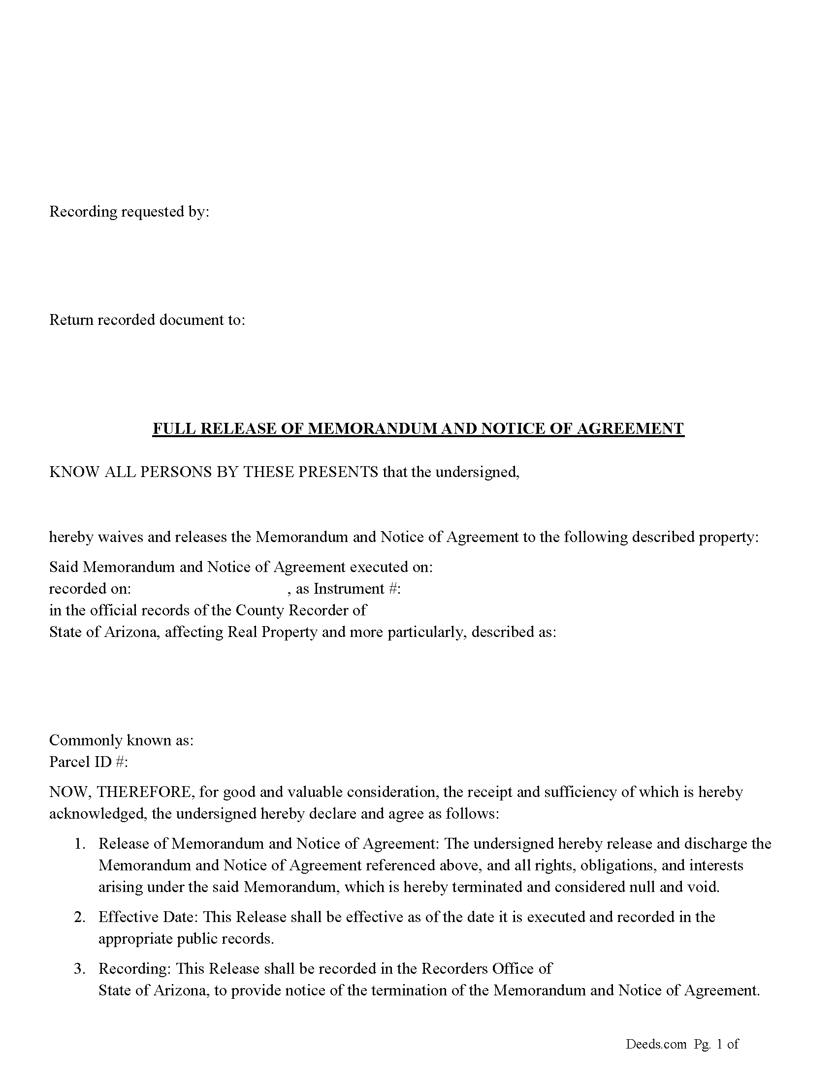 Arizona Full Release of Memorandum And Notice of Agreement Image