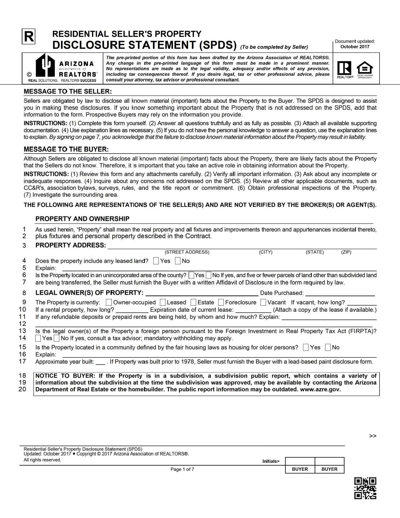Coconino County Residential Sellers Property Disclosure Statement