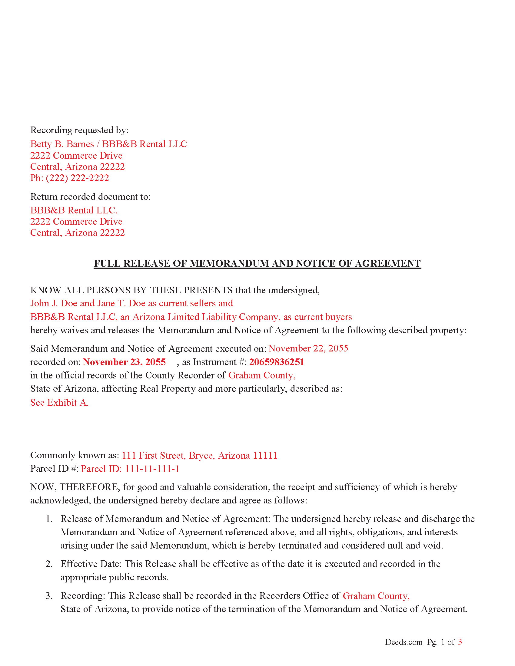 Cochise County Completed Example of the Full Release of Memorandum And Notice of Agreement Document