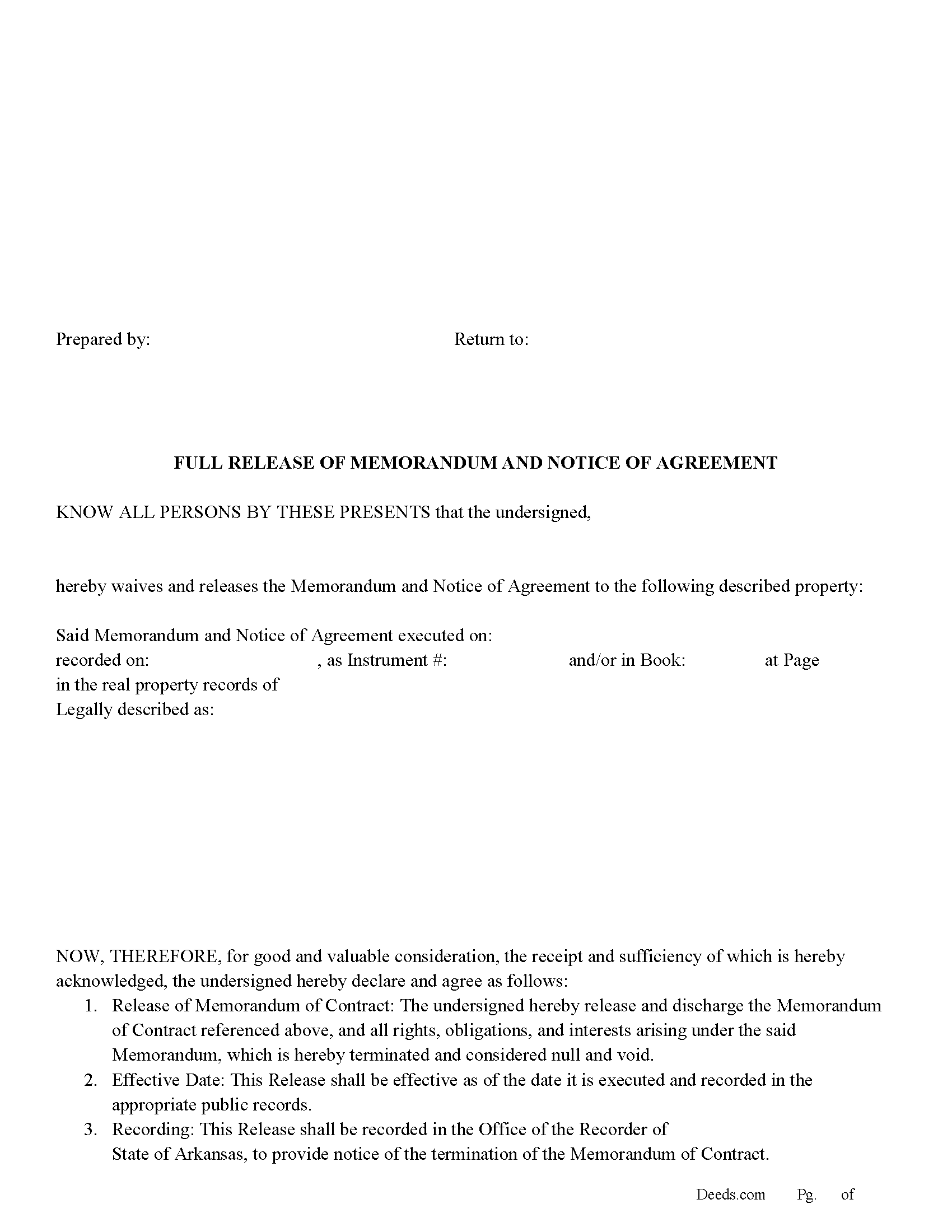 Arkansas Full Release of Memorandum and Notice of Agreement Image