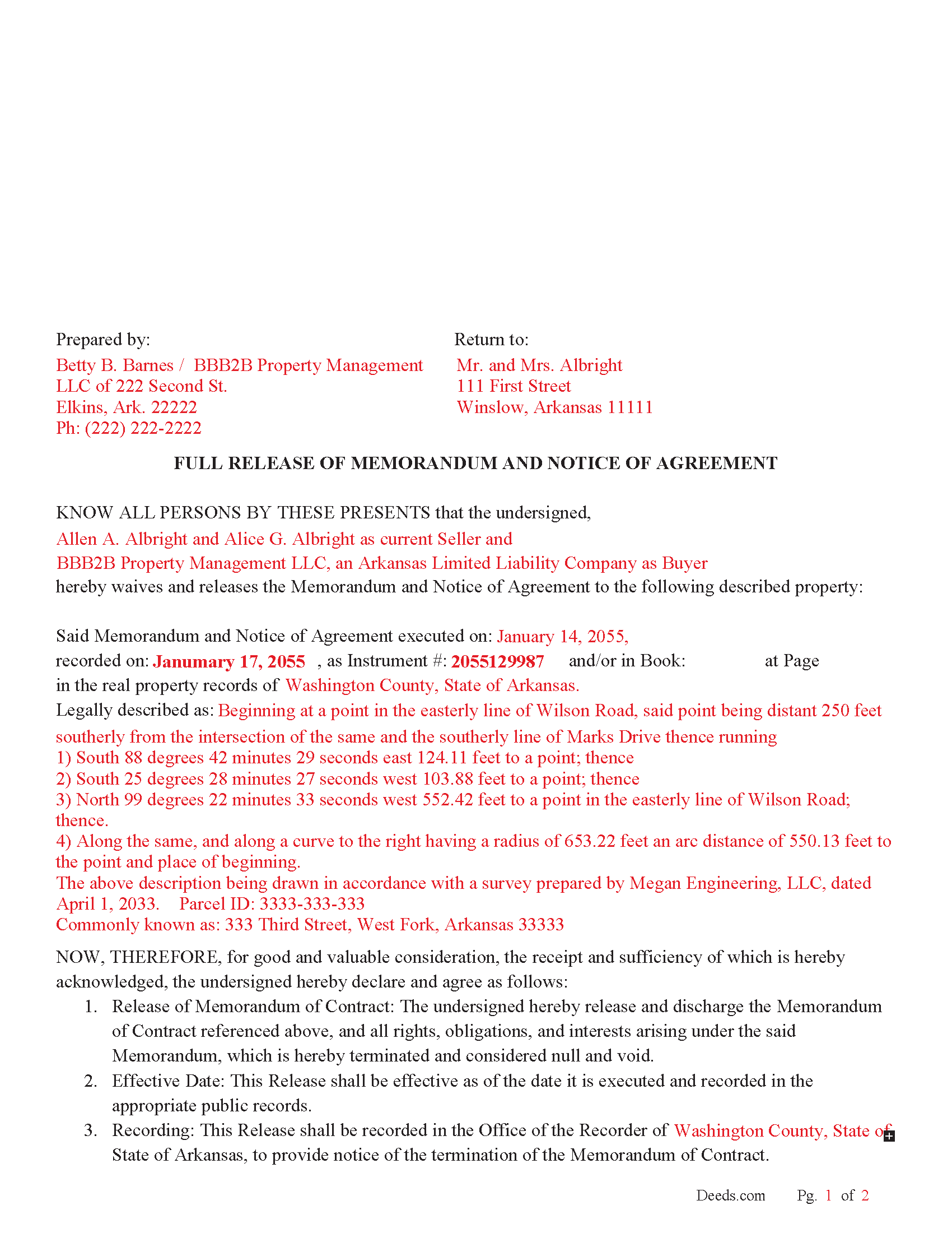 Benton County Completed Example of the Full Release of Memorandum and Notice of Agreement Document