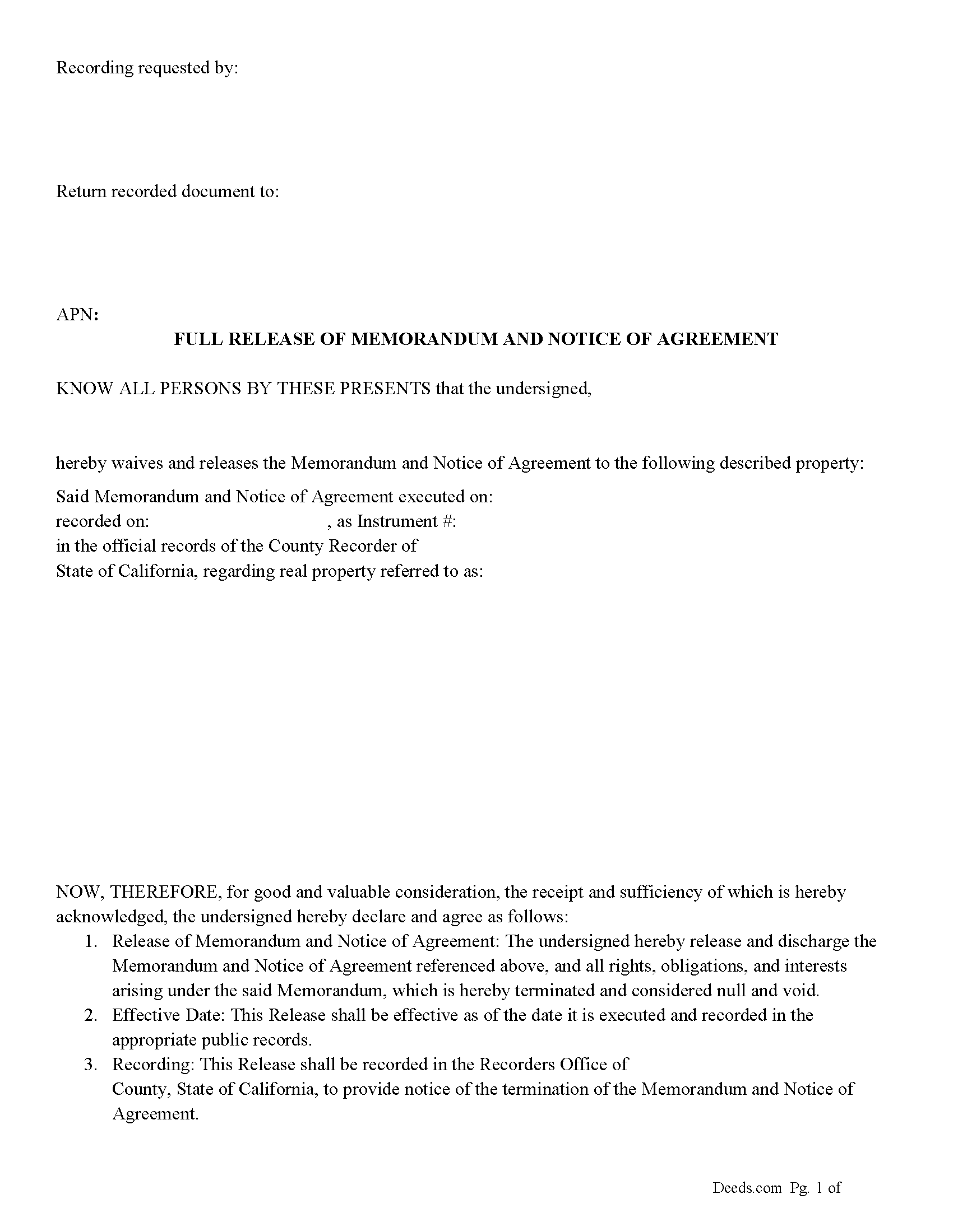 Mariposa County Full Release of Memorandum and Notice of Agreement Form