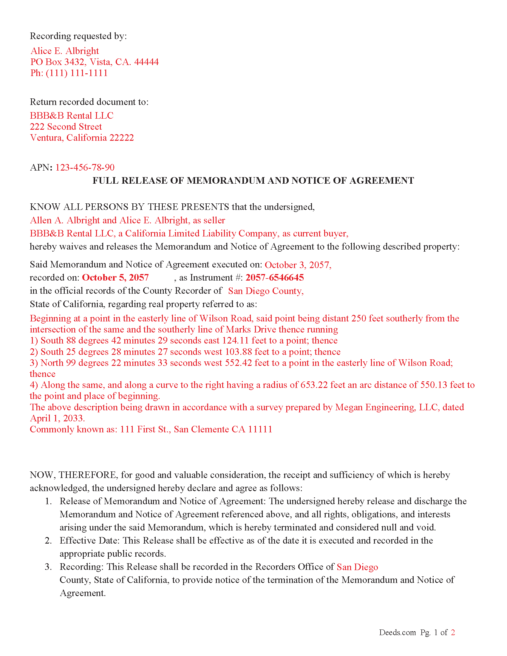 Mariposa County Completed Example of the Full Release of Memorandum and Notice of Agreement Document