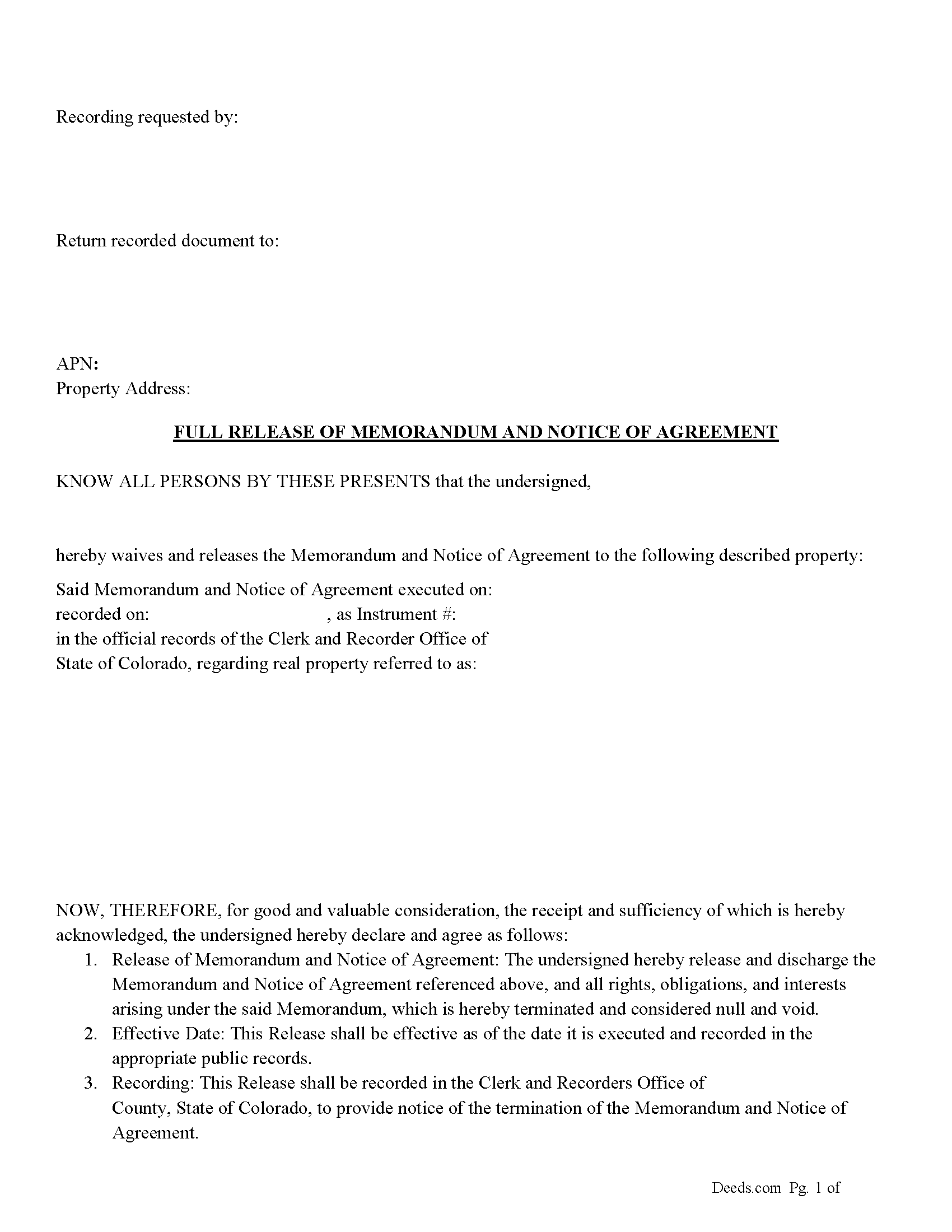 Colorado Full Release of Memorandum and Notice of Agreement Image