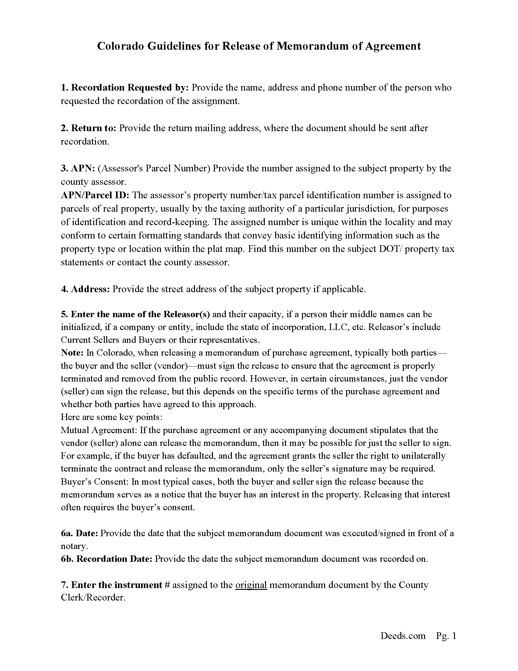 Garfield County Full Release of Memorandum and Notice of Agreement Guide