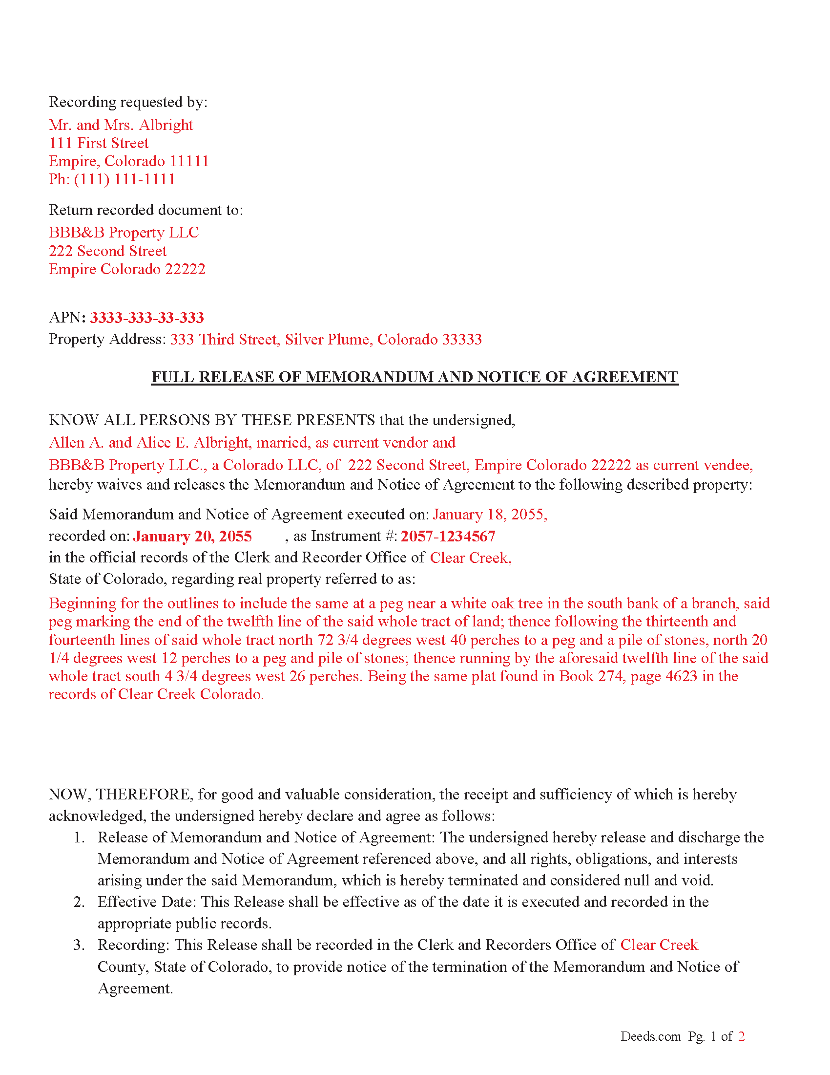 Garfield County Completed Example of the Full Release of Memorandum and Notice of Agreement Document