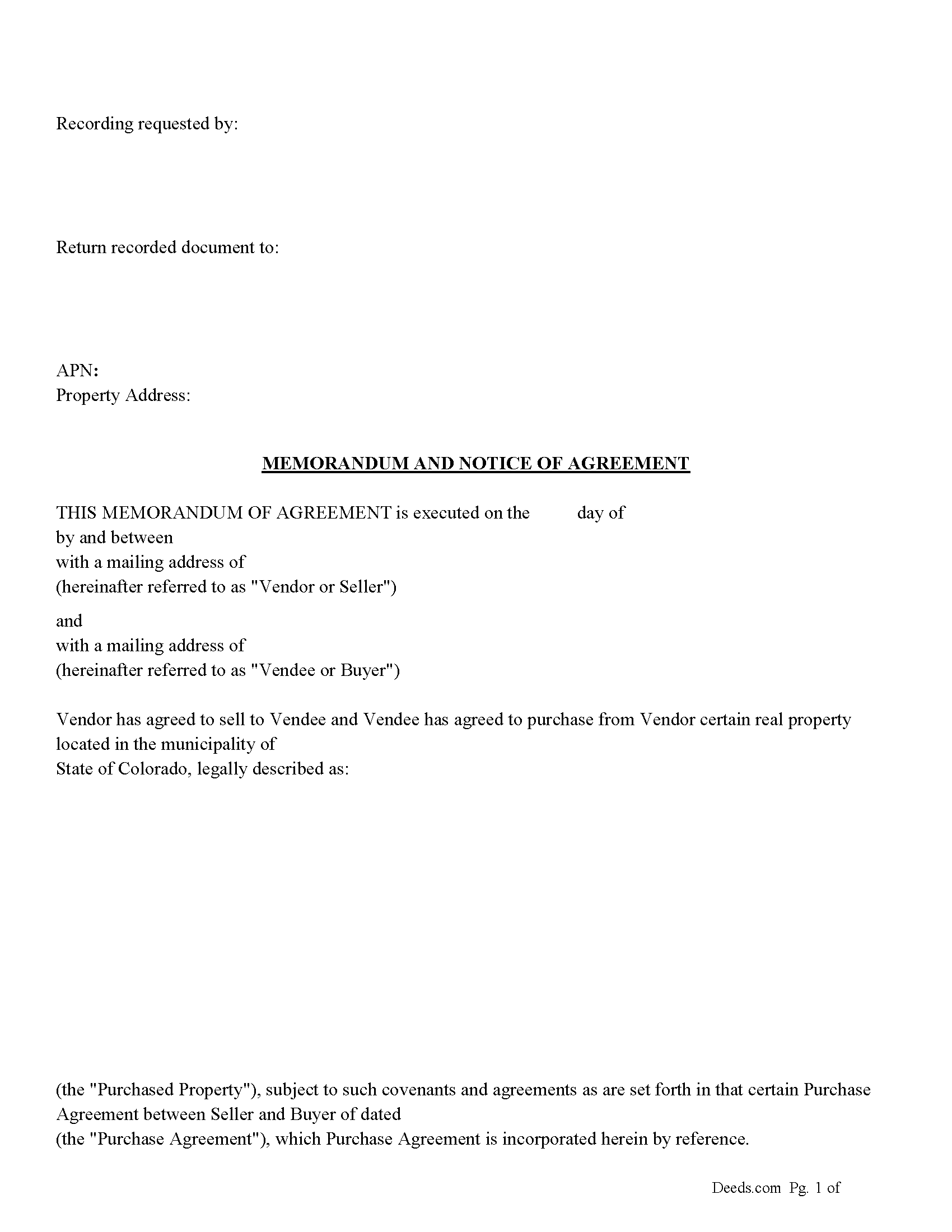 Garfield County Memorandum and Notice of Agreement Form