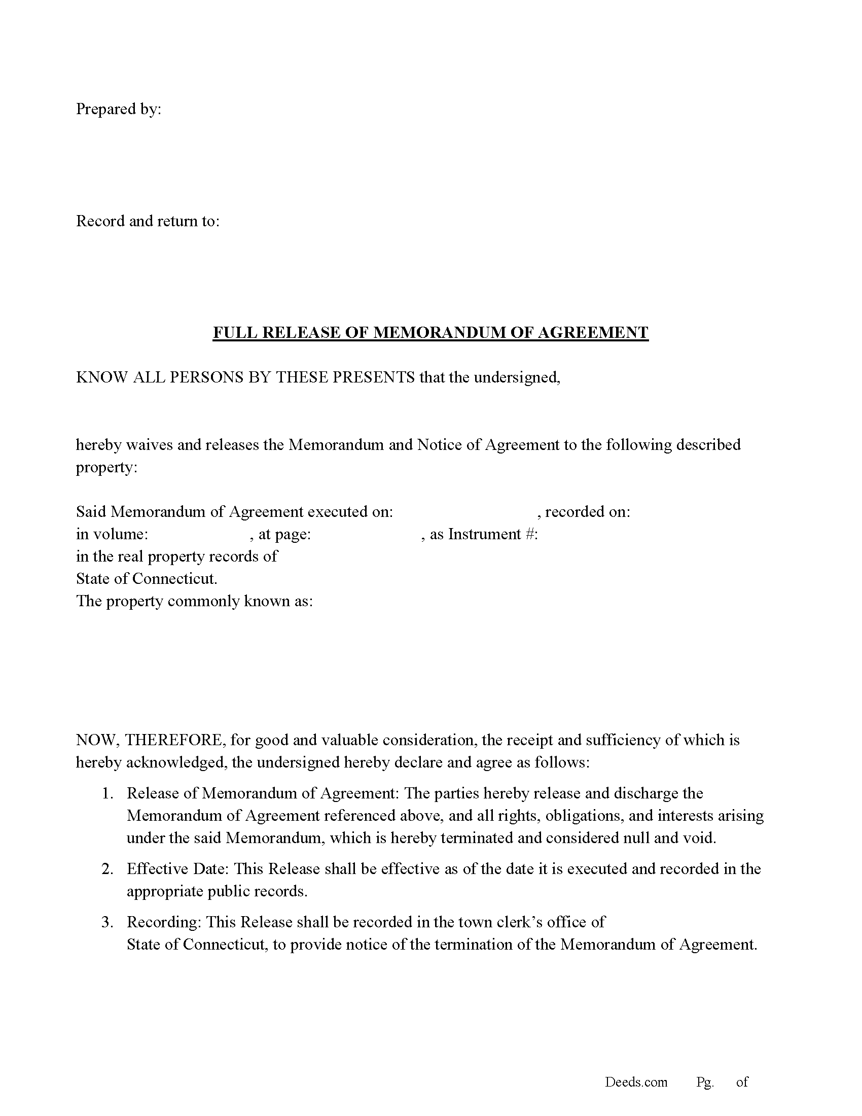 Connecticut Full Release of Memorandum of Agreement Image