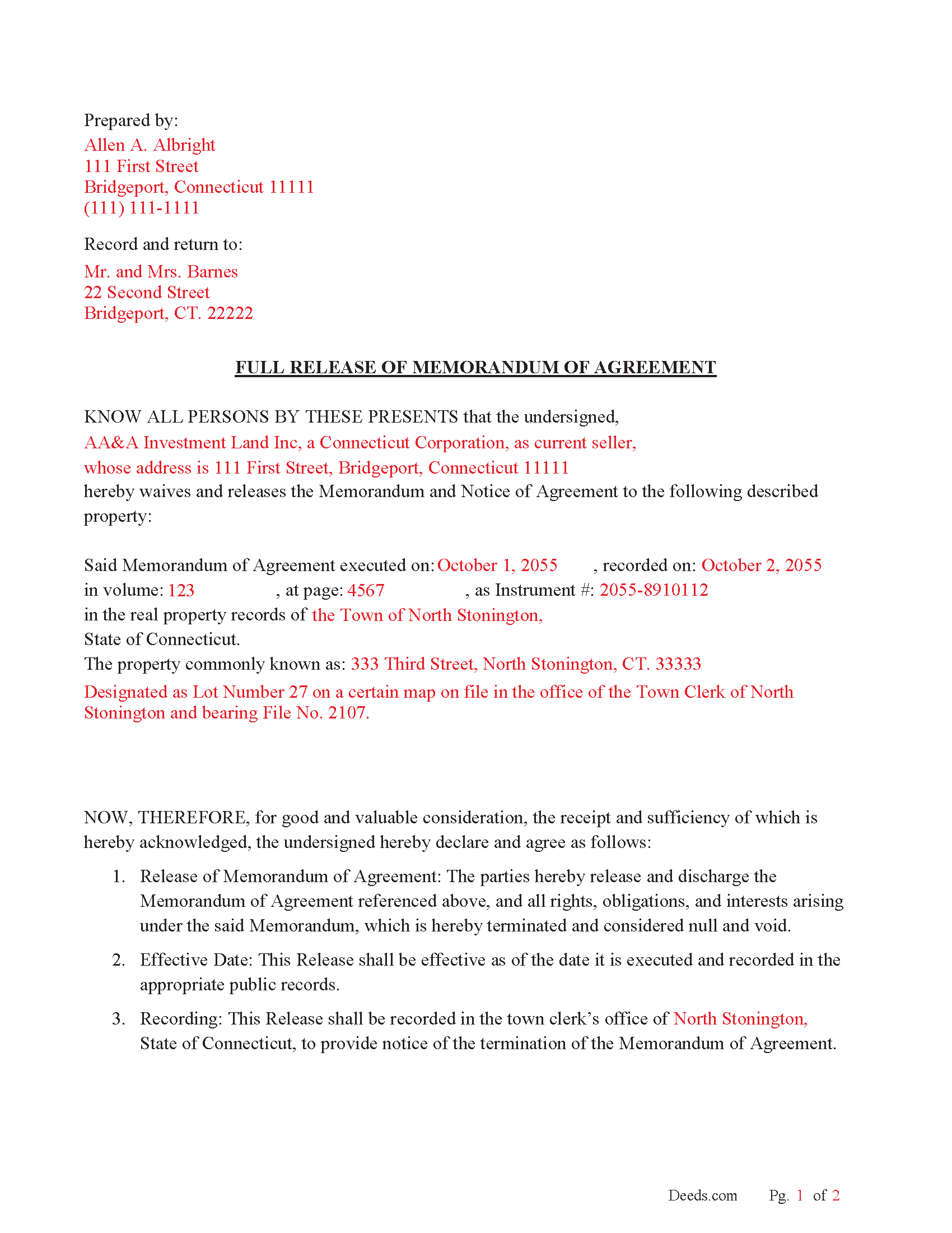 New Haven County Completed Example of the Full Release of Memorandum of Agreement Document