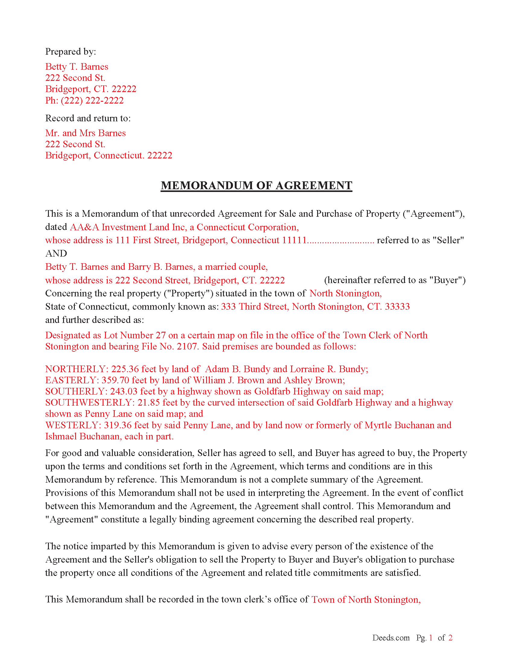 Hartford County Completed Example of the Memorandum of Agreement Document