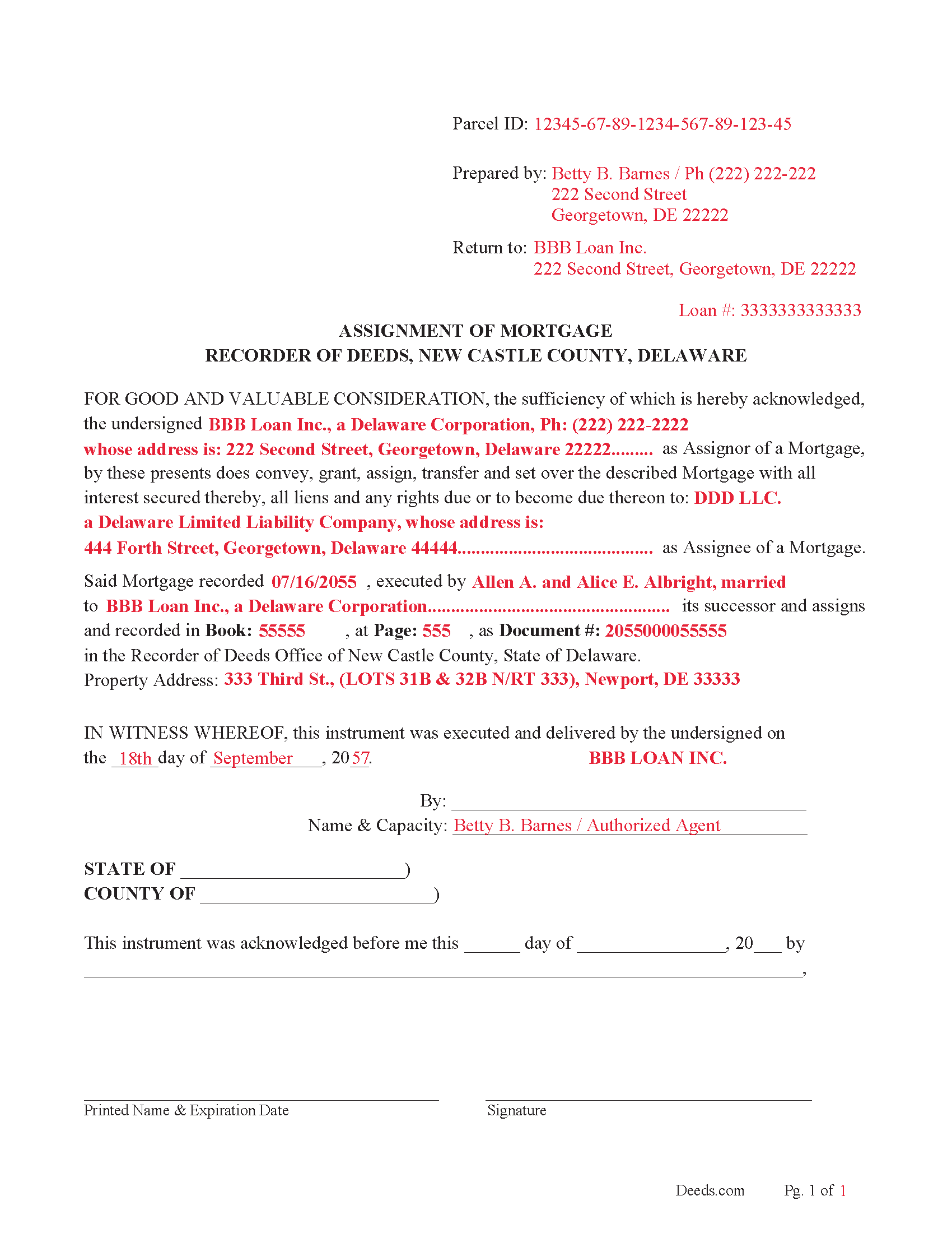 New Castle County Completed Example of an Assignment of Mortgage Document