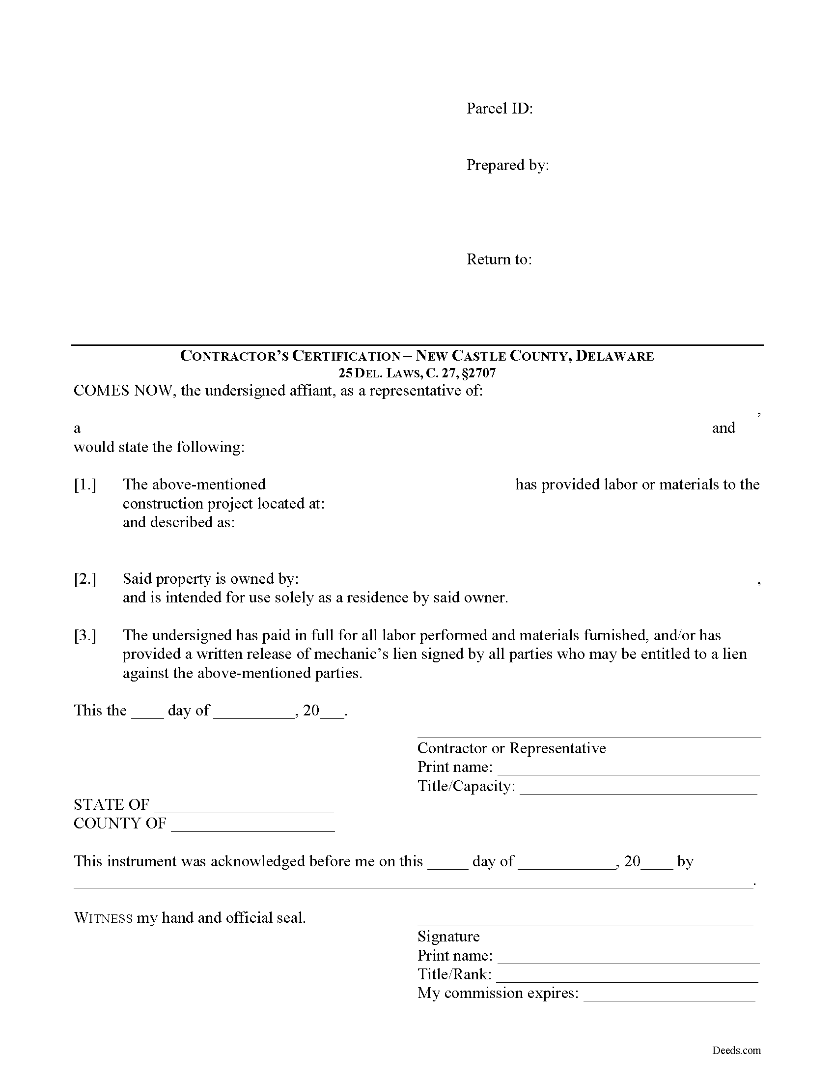 New Castle County Contractor Certification of Payment Form