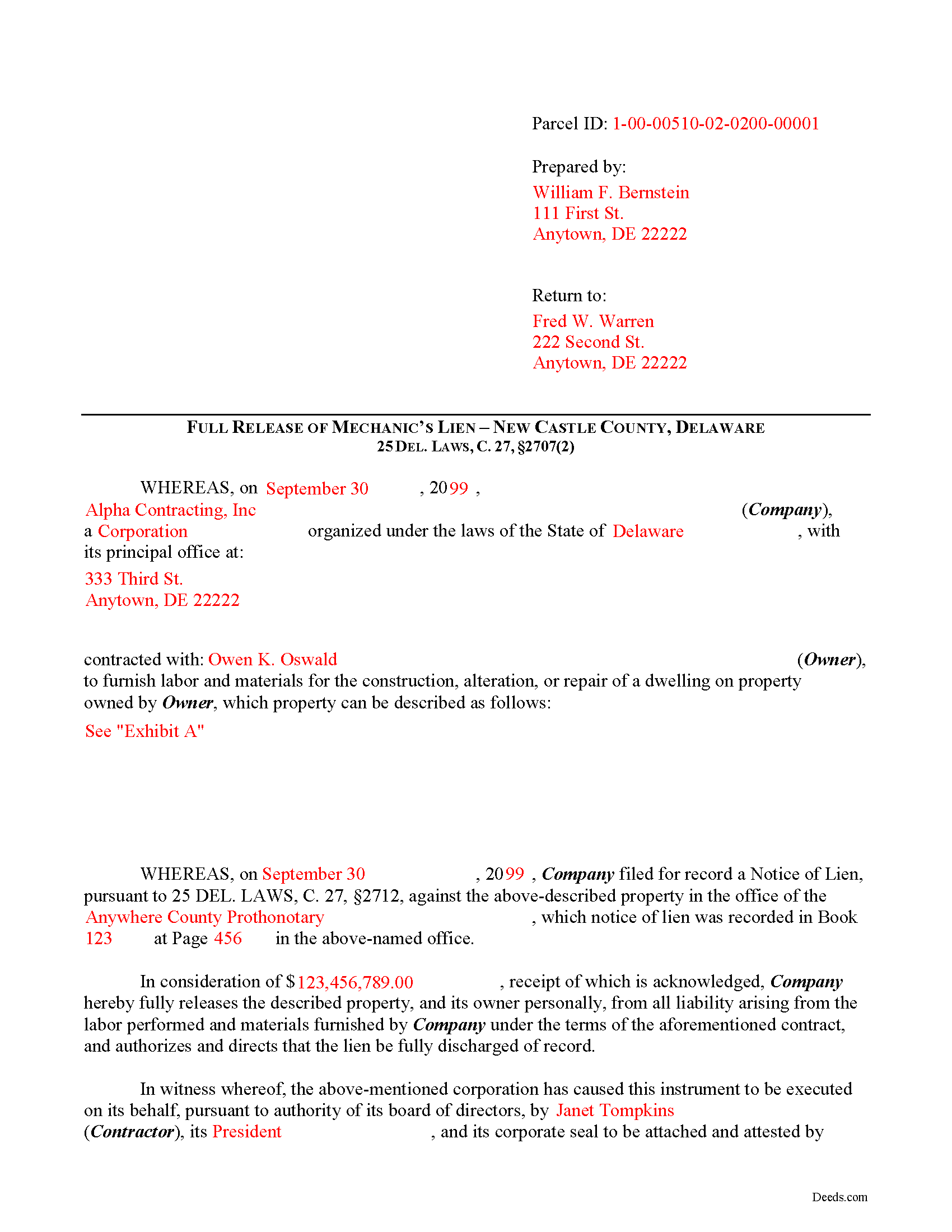 New Castle County Completed Example of the Lien Release Document