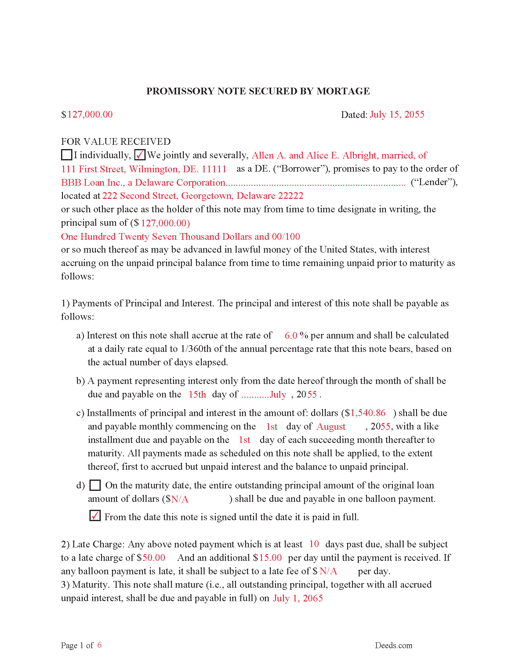 New Castle County Completed Example of the Promissory Note Document