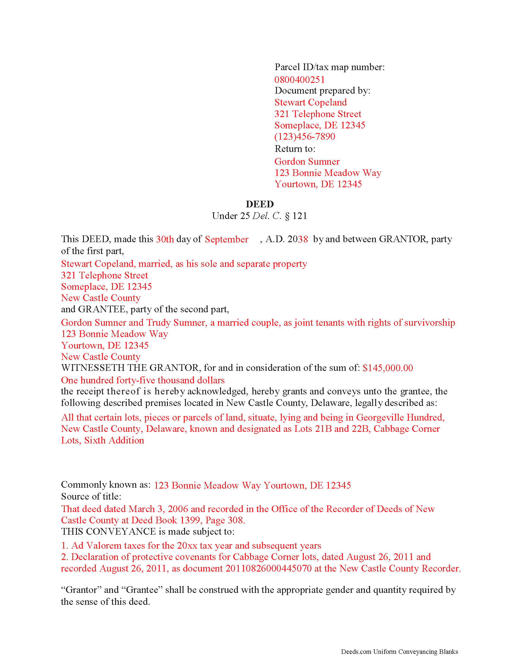 New Castle County Completed Example of the Special Warranty Deed Document