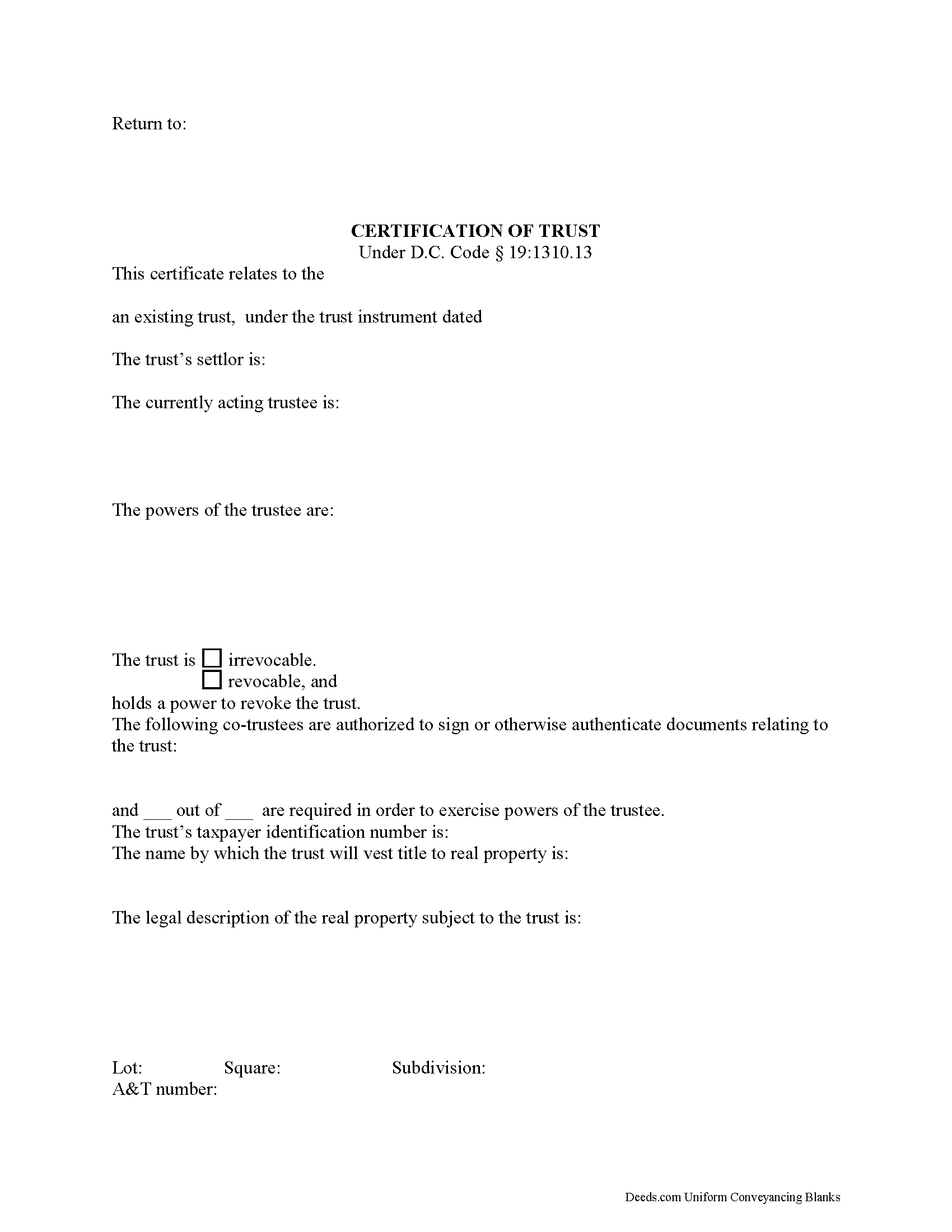 District Of Columbia County Certificate of Trust Form