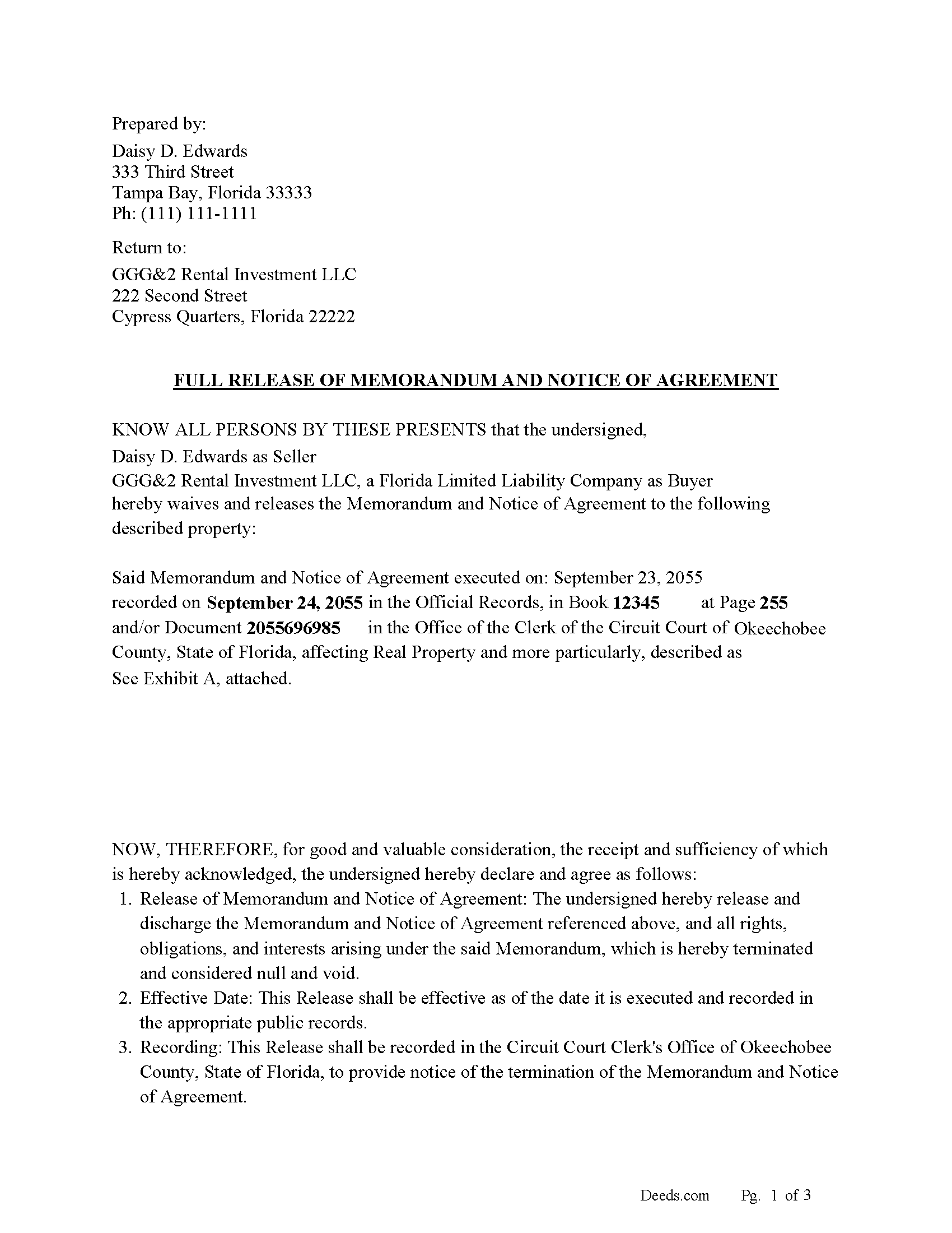 Florida Full Release of Memorandum and Notice of Agreement Image