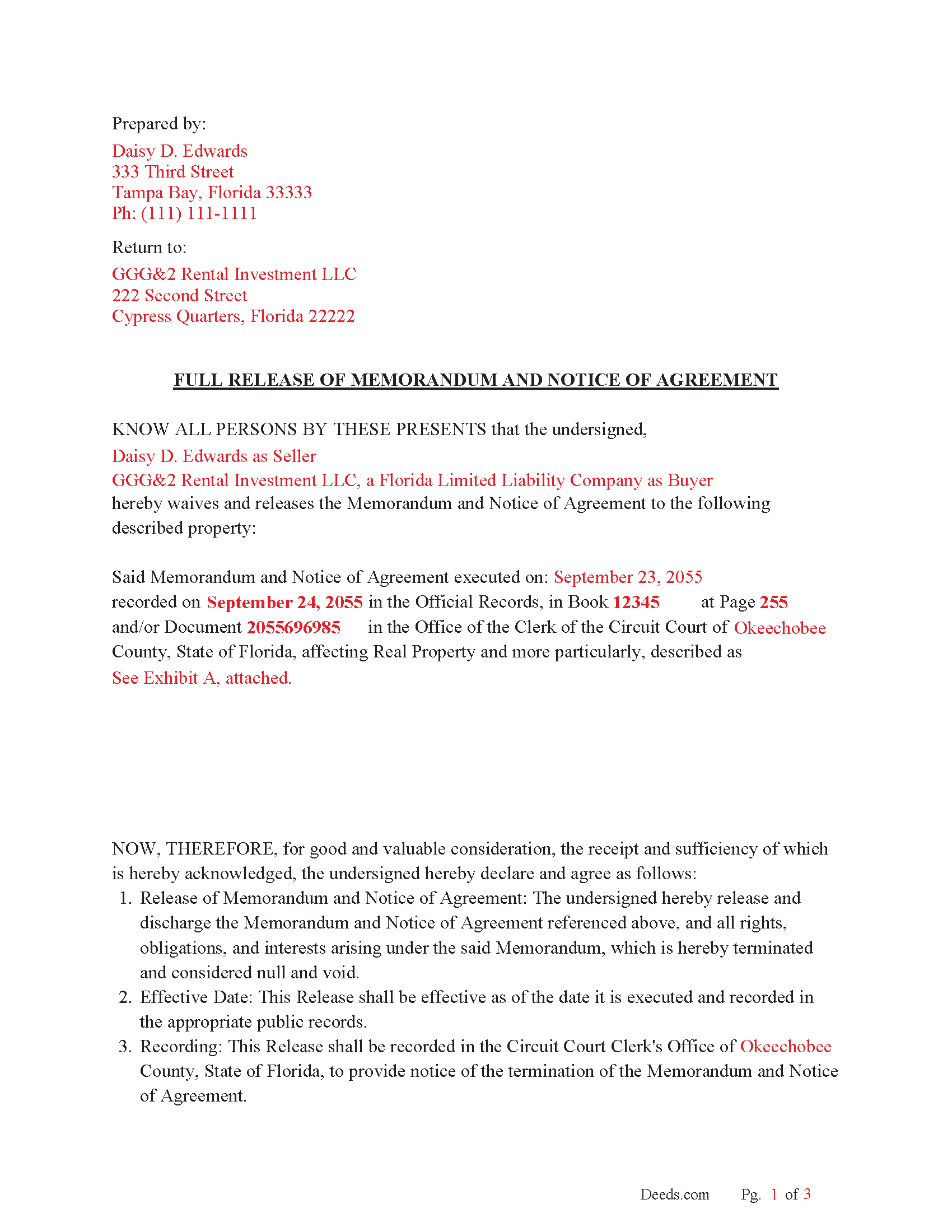 Leon County Completed Example of the Full Release of Memorandum and Notice of Agreement Document