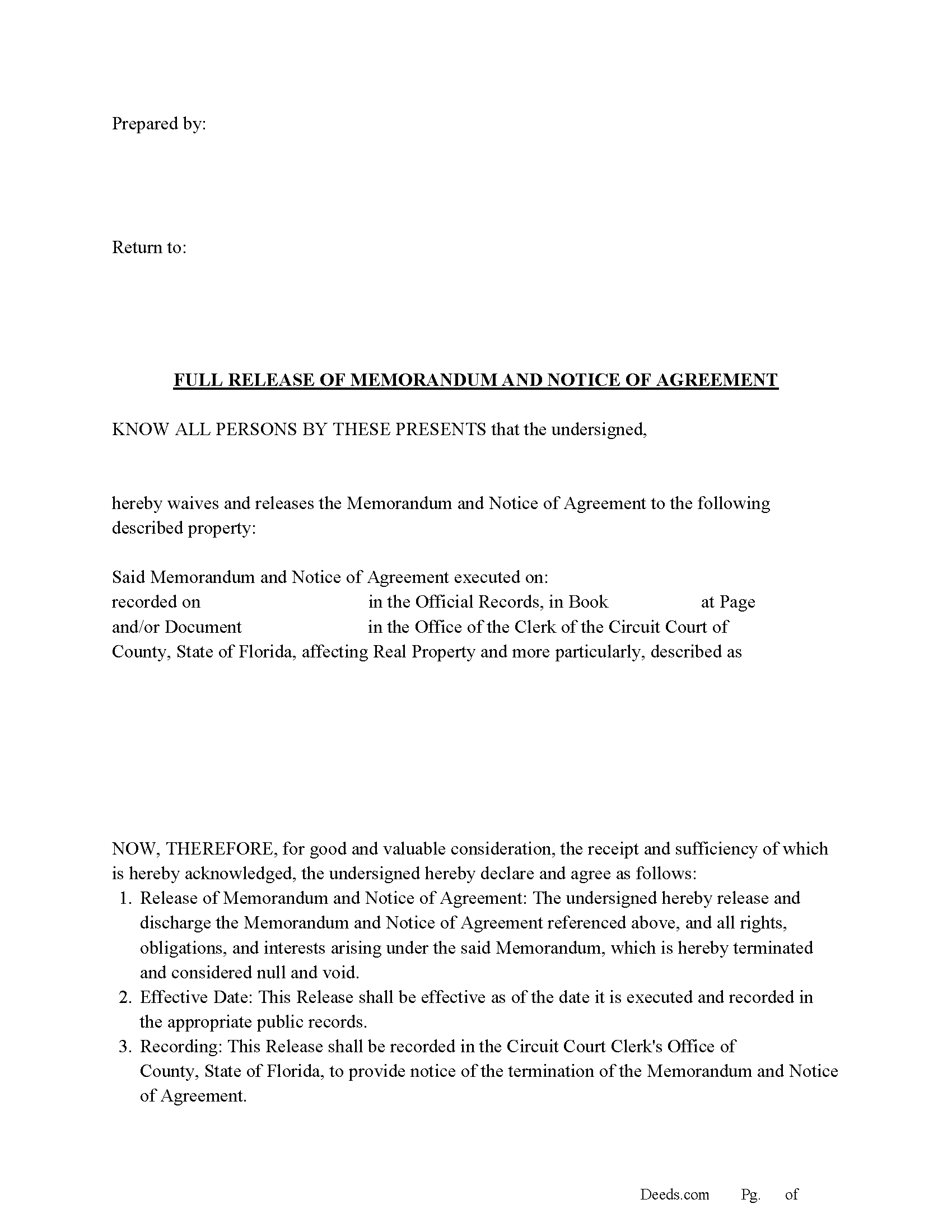 Wakulla County Full Release of Memorandum and Notice of Agreement Form