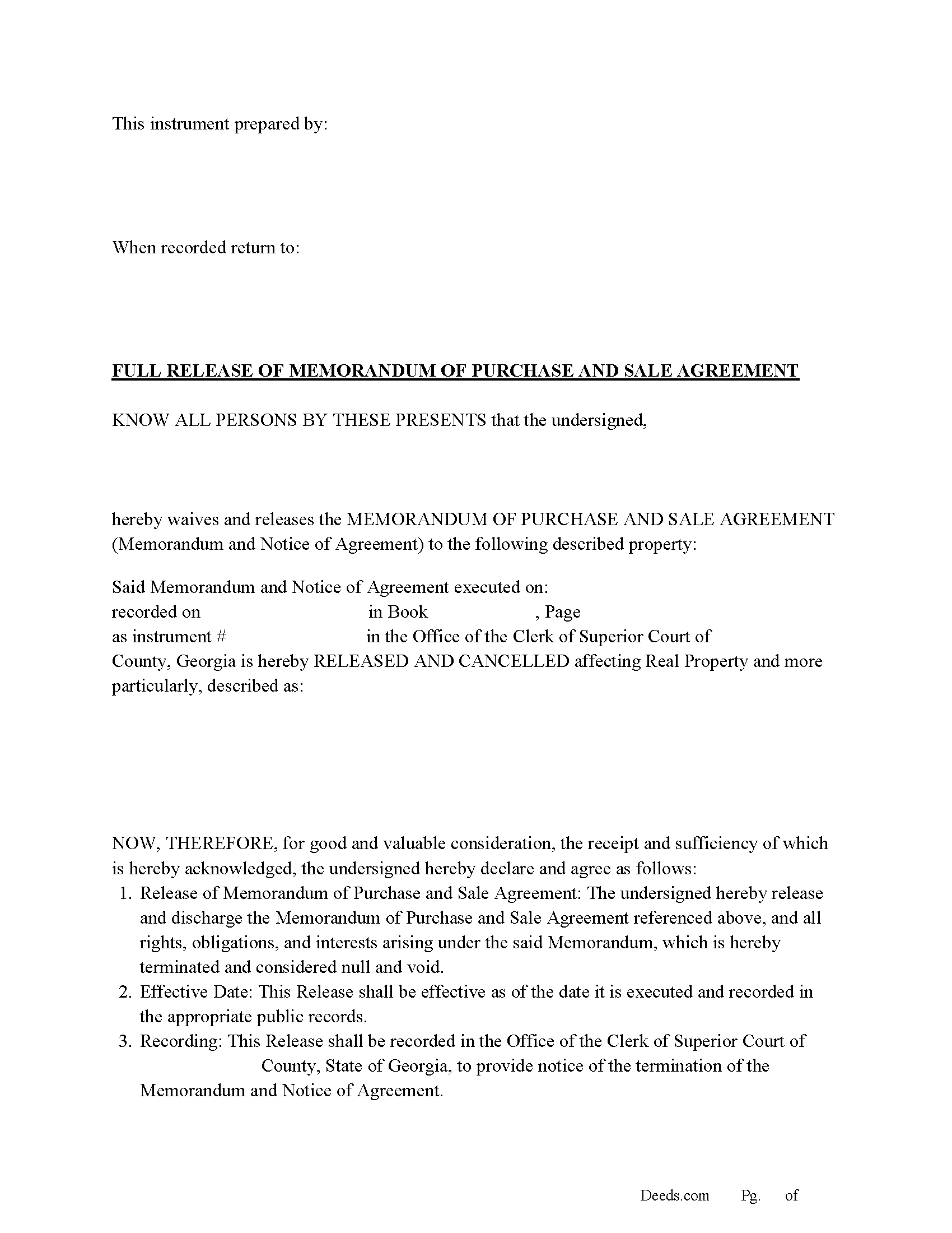 Haralson County Full Release of Memorandum of Purchase and Sale Agreement Form