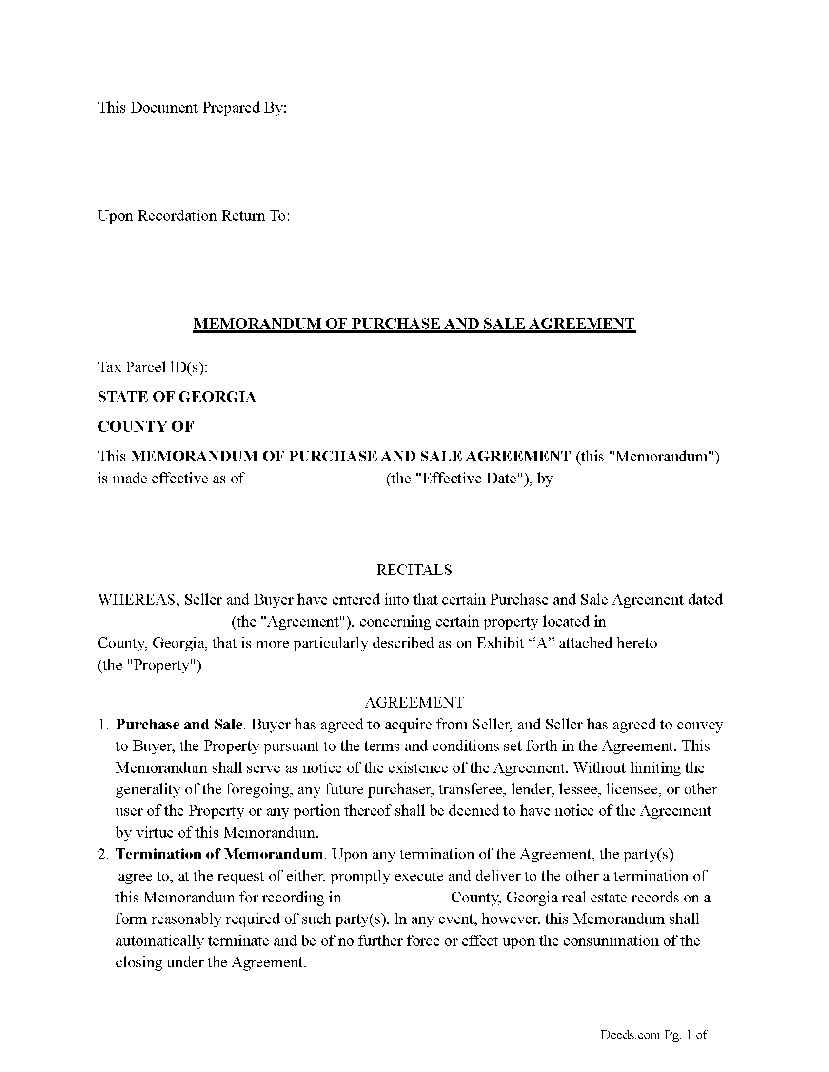 Georgia Memorandum of Purchase and Sale Agreement Image