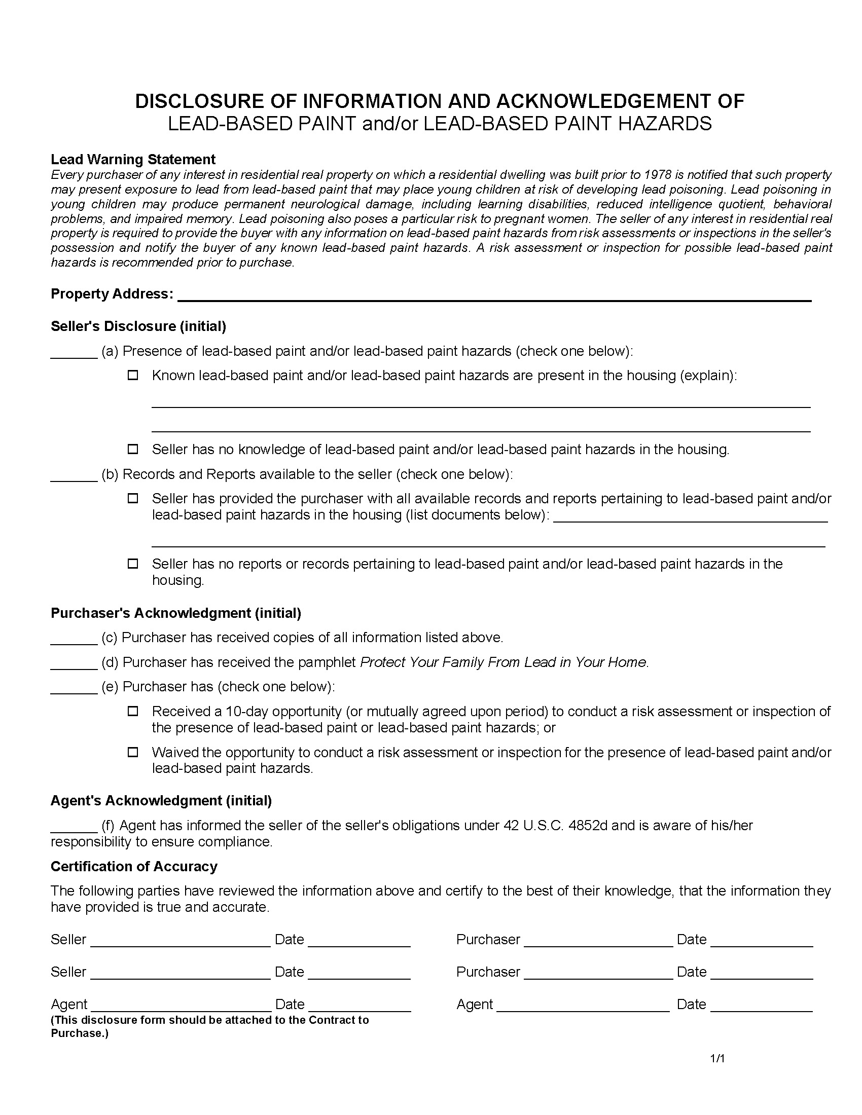 Clark County Lead Based Paint Disclosure Form