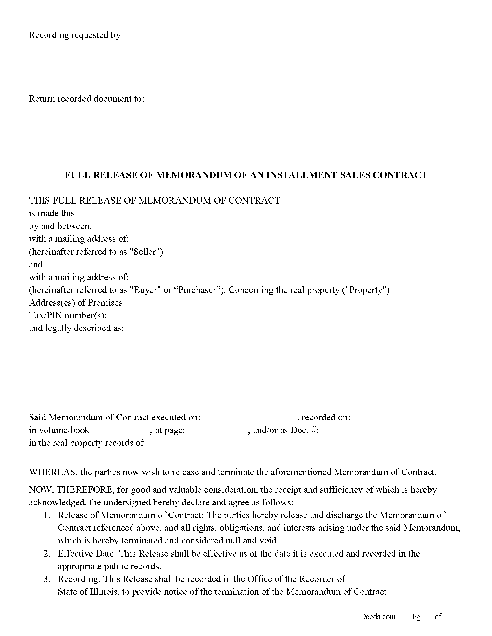 Monroe County Full Release of Memorandum of an Installment Sales Contract Form