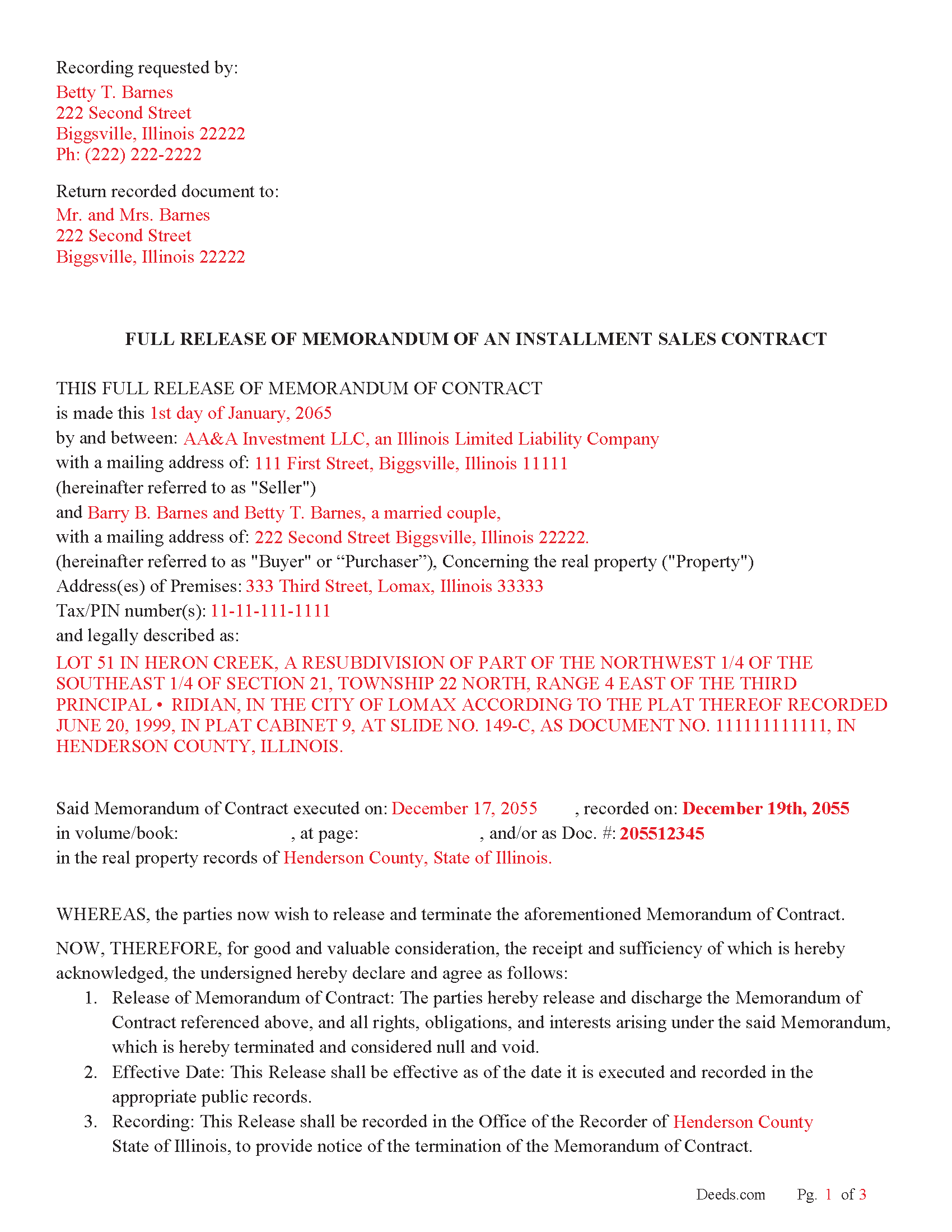 Douglas County Completed Example of the Full Release of Memorandum of an Installment Sales Contract Document