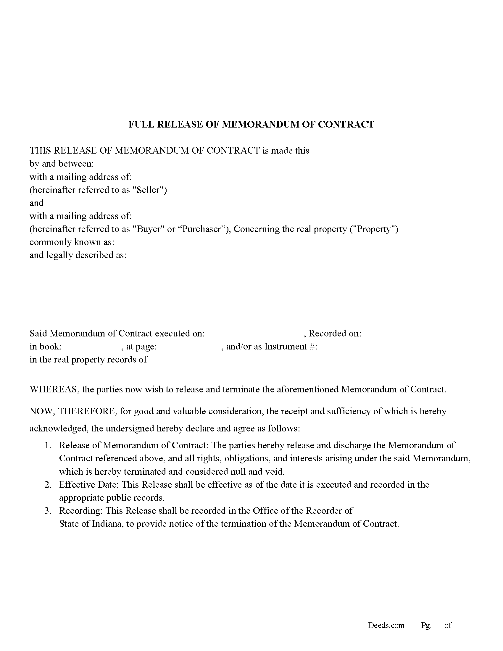 Noble County Full Release of Memorandum of Contract Form