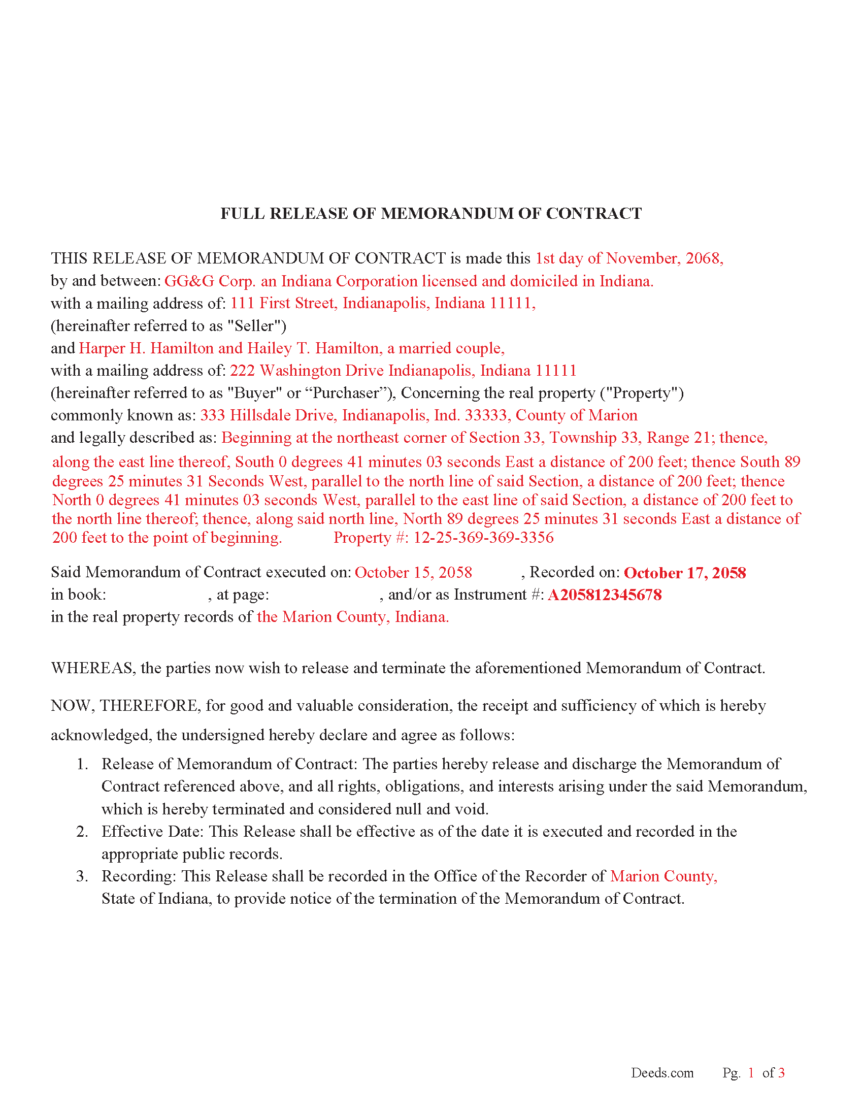 Orange County Completed Example of the Full Release of Memorandum of Contract Document