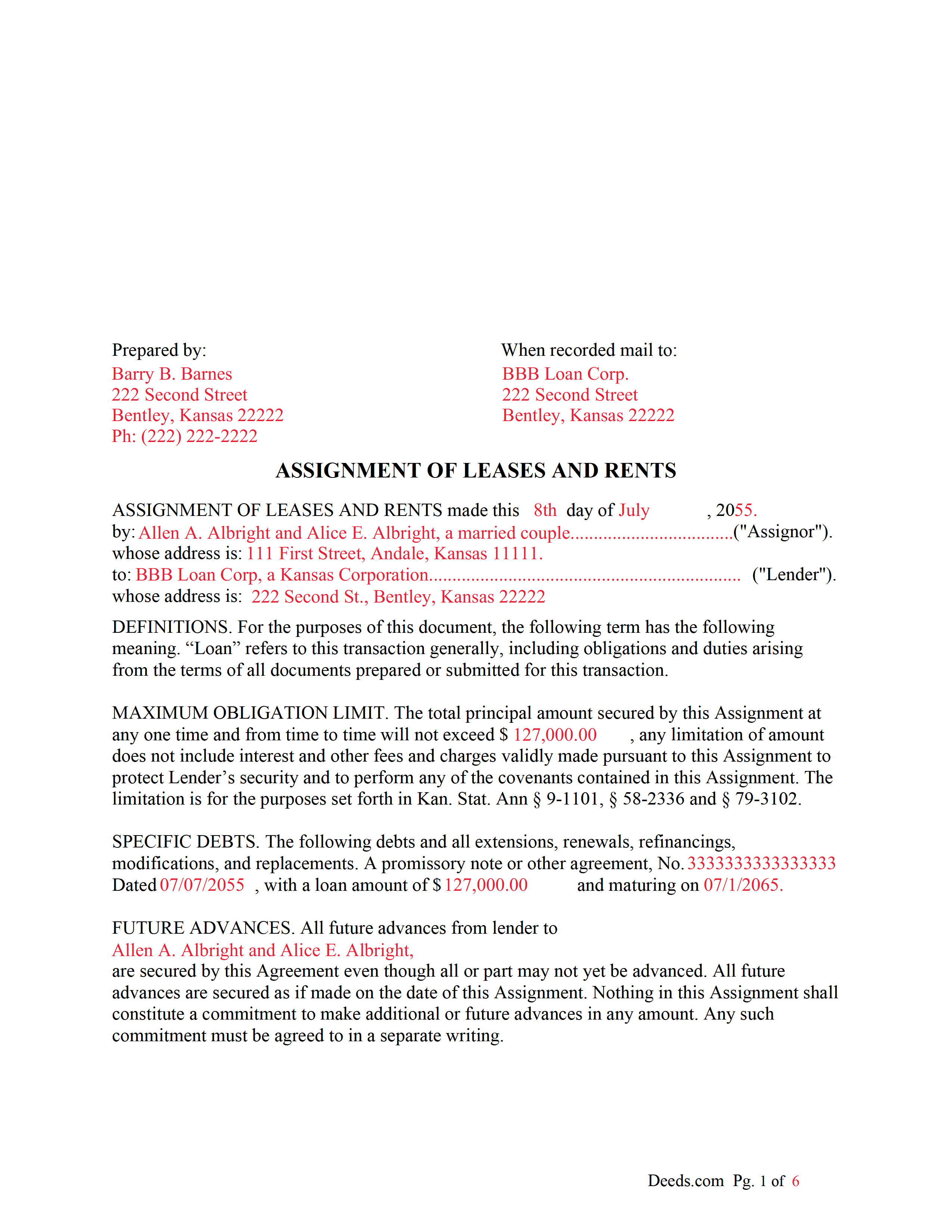Greeley County Completed Example of the Assignment of Leases and Rents Document