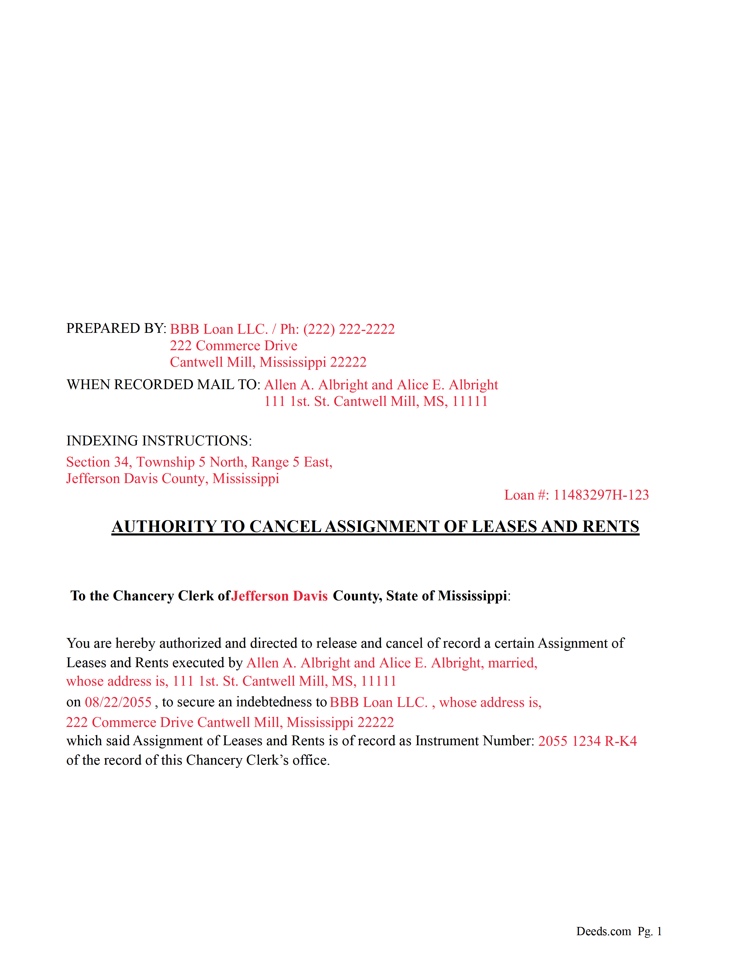 Lowndes County Completed Example of the Authority to Cancel Assignment of Leases and Rents Document