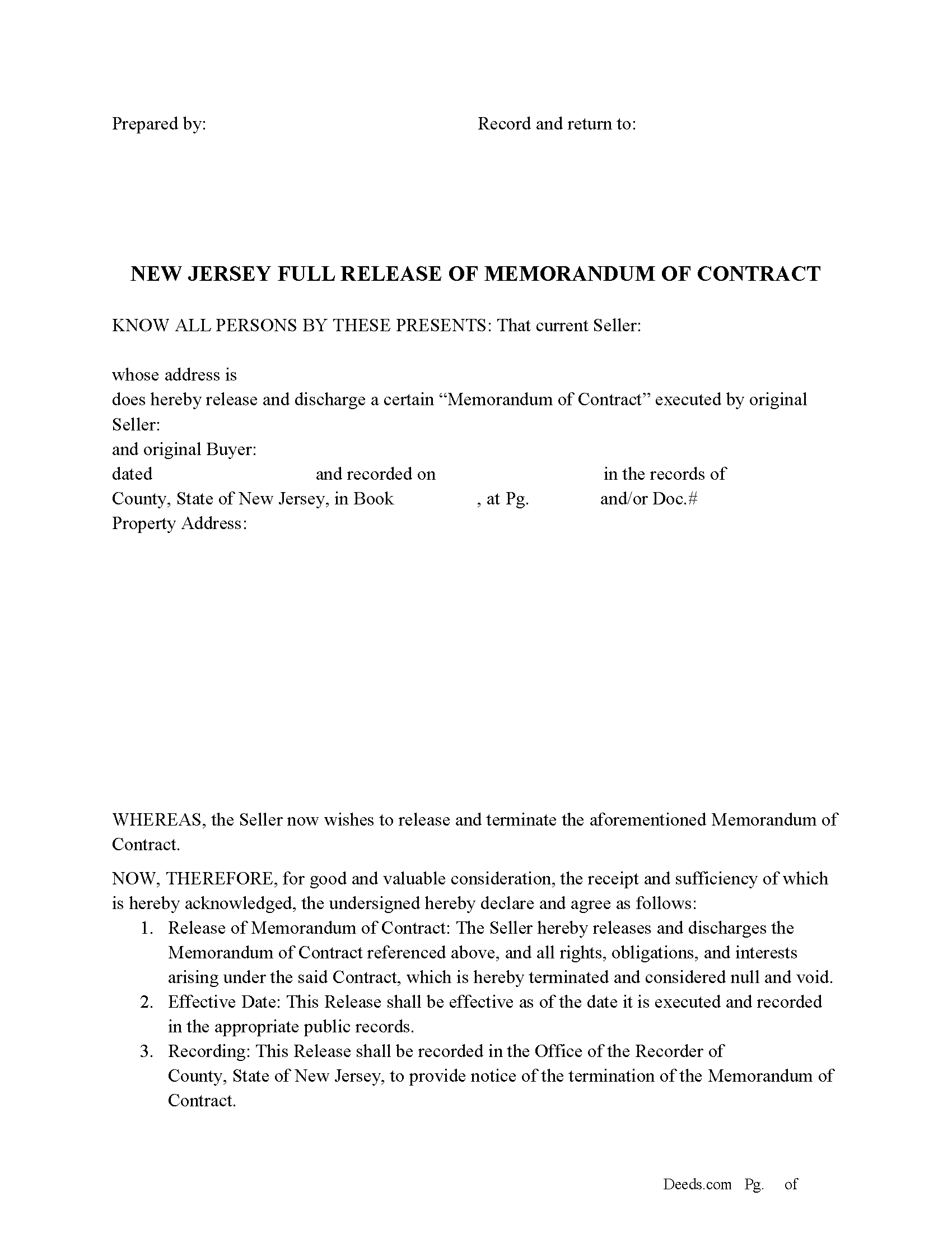 Ocean County Full Release of Memorandum of Contract  Form