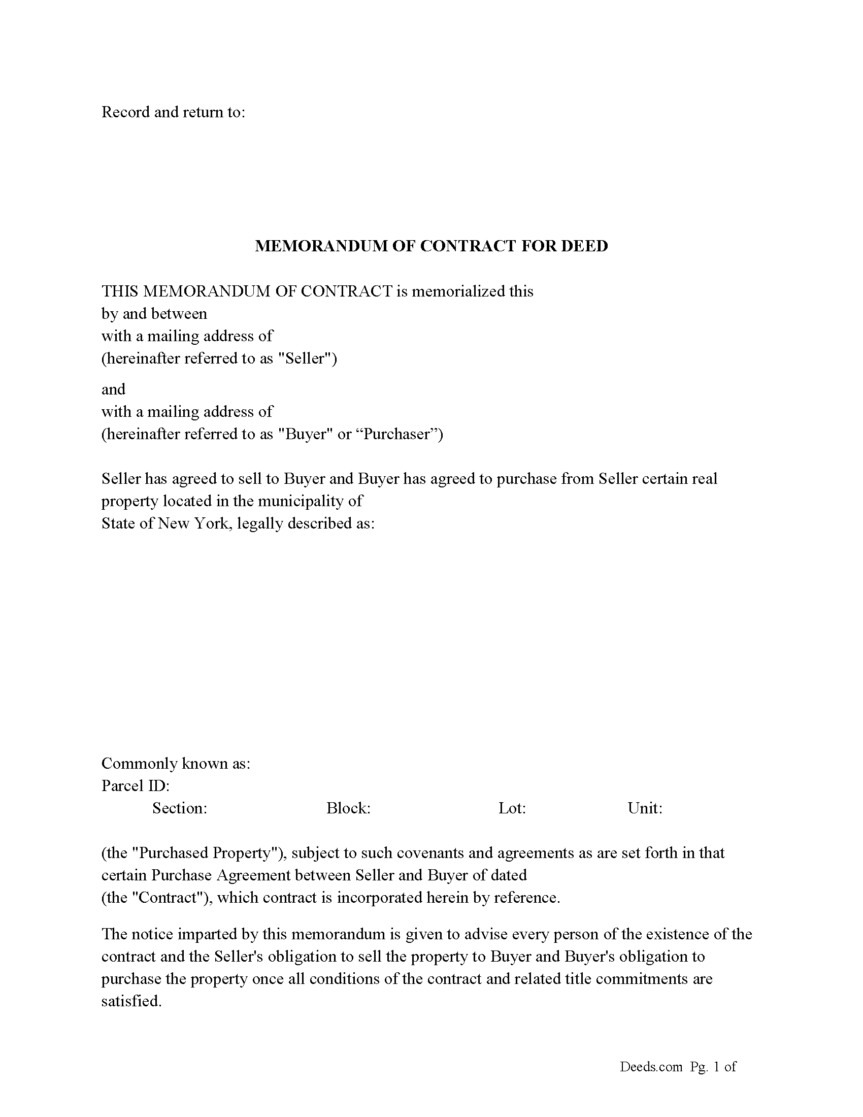Westchester County Memorandum of Contract for Deed Form
