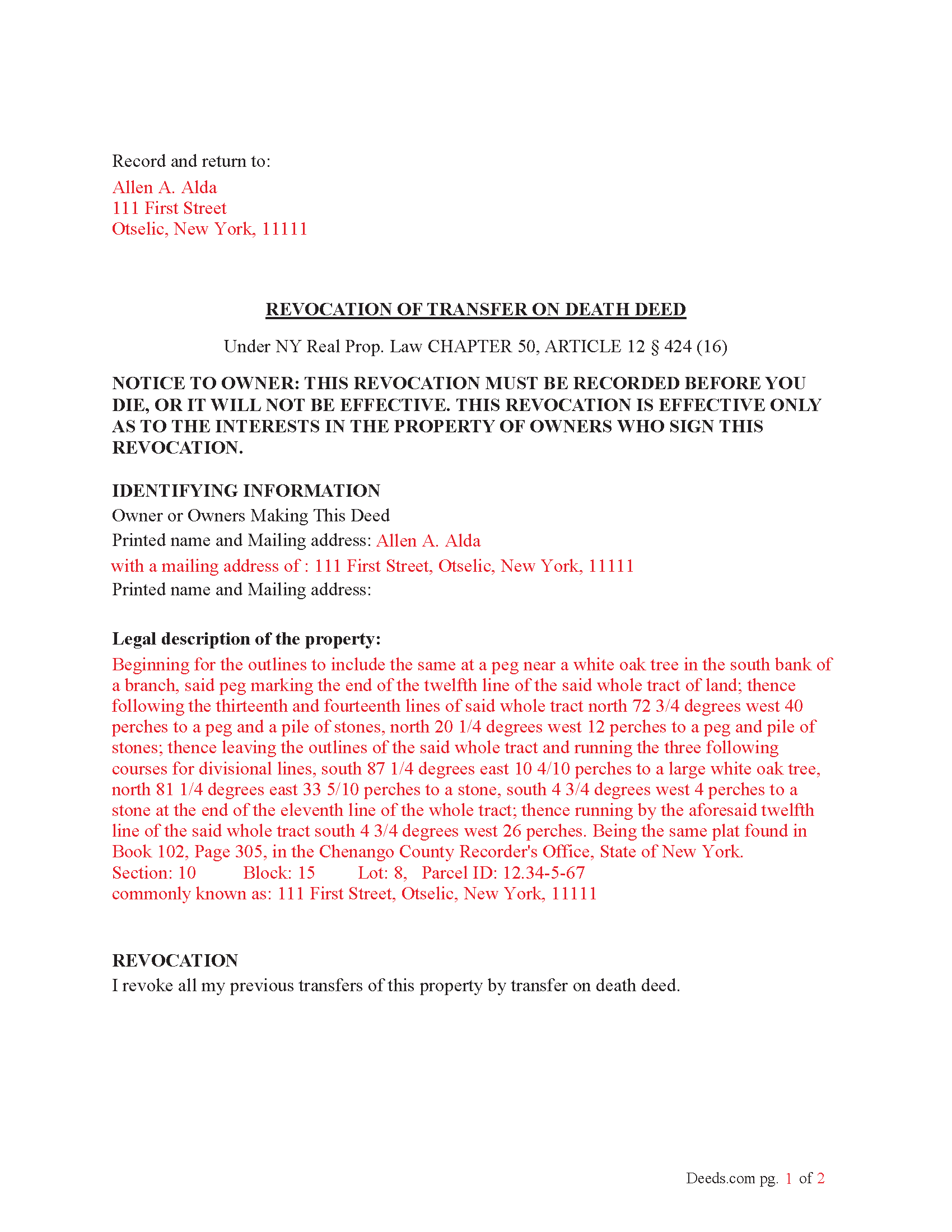 Allegany County Completed Example of the Revocation of Transfer on Death Deed Document